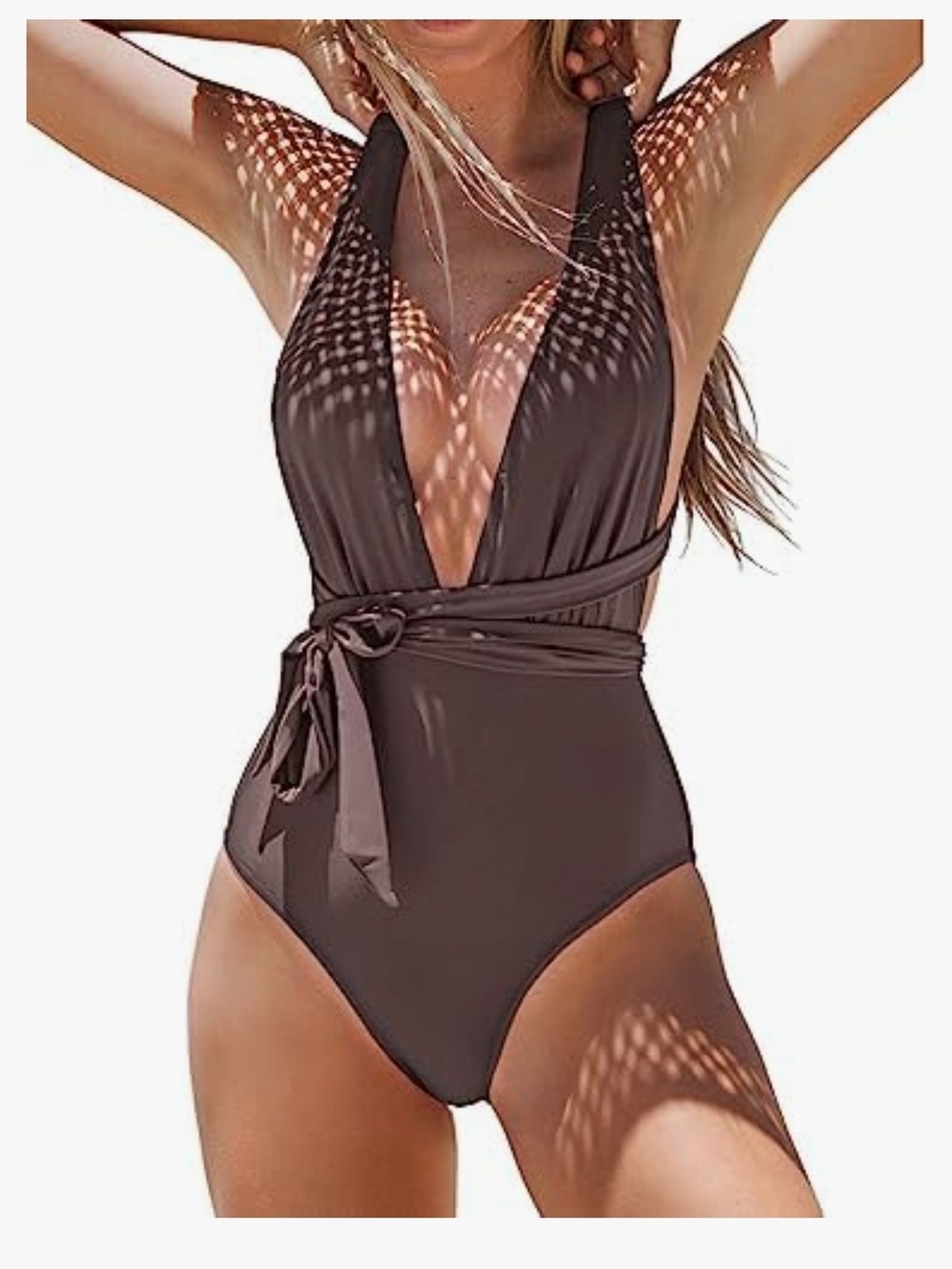 CUPSHE Women's Medium Swimsuit Deep V Neck Monokini Self Tie Plain One Piece Swi